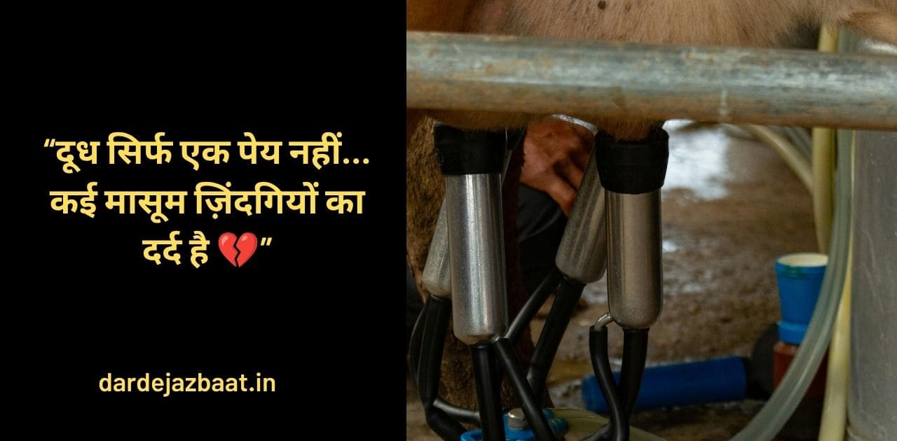 दूध का रंग लाल है पर आधारित इमेज जिसमें डेयरी इंडस्ट्री में जानवरों के साथ होने वाले cruelty और छुपे दर्द को दिखाया गया है